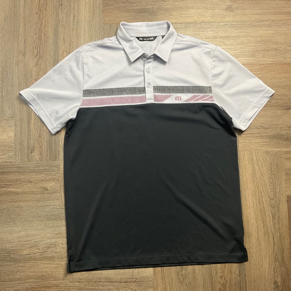 TravisMathew Striped Logo Golf Tennis Polo Shirt Mens Large Gray Black Classic